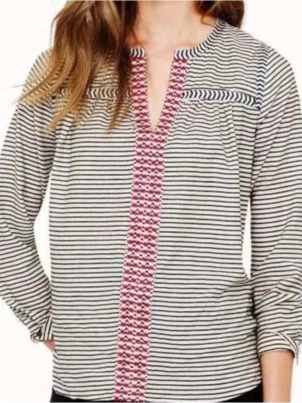 J. Crew Black and White Striped Cotton Peasant Top with Red Embroidery